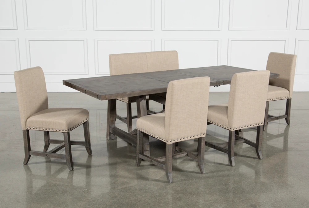 Jaxon Grey 76-96" Extension Dining With Bench + Upholstered Chair Set For 6 2 Jaxon Grey 76-96" Extension Dining With Bench + Upholstered Chair Set For 6 - Image 2
