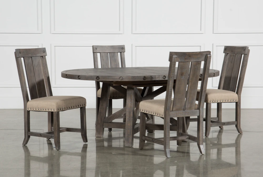 Jaxon Grey 54-72" Round Extension Dining With Wood Chair Set For 4 1 Jaxon Grey 54-72" Round Extension Dining With Wood Chair Set For 4