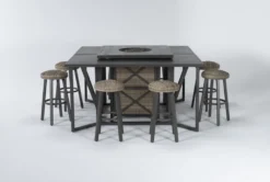 Capri 72" Outdoor Firepit Bar Table With Two Bar Tables And Eight Round Barstools